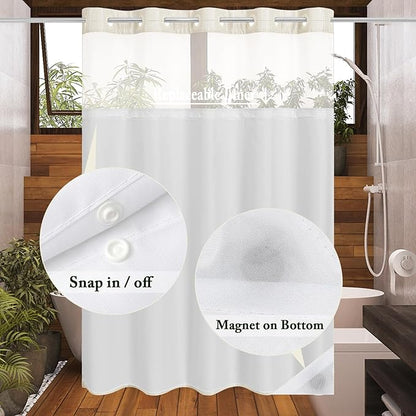 Gibelle No Hook Waffle Weave Shower Curtain with Snap-in Fabric Liner Set for Bathroom, Hotel Style with Mesh Top Window, Waterproof & Washable, Ivory, 72x74