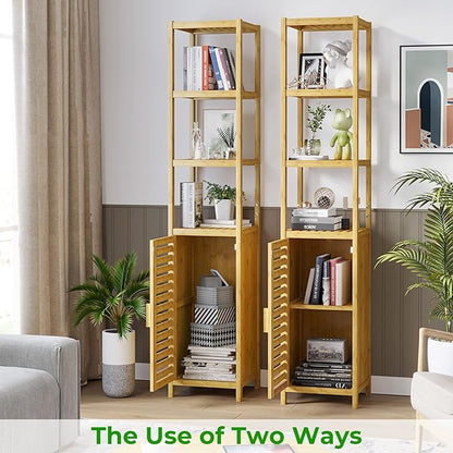 VIAGDO Storage Tall Slim Cabinet with Shutter Door and 3 Tier Shelves, Freestanding Linen Tower Cabinet for Living Room, Kitchen, Bathroom Organizer, Natural Bamboo