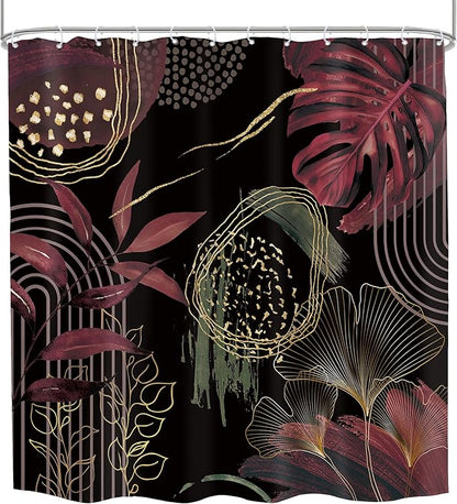 Black Burgundy Boho Shower Curtain 72Wx72H Mid Century Modern Abstract Minimalist Geometric Tropical Palm Leaves Plant Bathroom Decor Gold Arch Bath Curtain Fabric Polyester 12 Pack Hooks