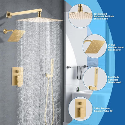 12" Shower Faucet Set Rain Shower System with 6" Wall Mounted Head Full Body Luxury Rain Shower System Rainfall Shower Head with Handheld Combo,3 Way Pressure Balance Valve Kit,Brushed Gold