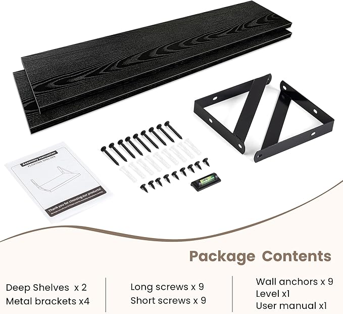 Dreamland Black Floating Shelf 36 inch, 36W x 8D Wall Mounted Shelves Set of 2, Wide Display Ledge Shelf with Sturdy Metal Brackets for Living Room, Bathroom, Bedroom and Kitchen