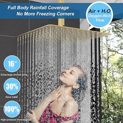 Enga Luxury Brushed Gold Shower System, 16 Inch Rain Shower Head with Body Spray Thermostatic Shower Faucet Set, Can Use All Functions At a Time (Volume Adjustable)