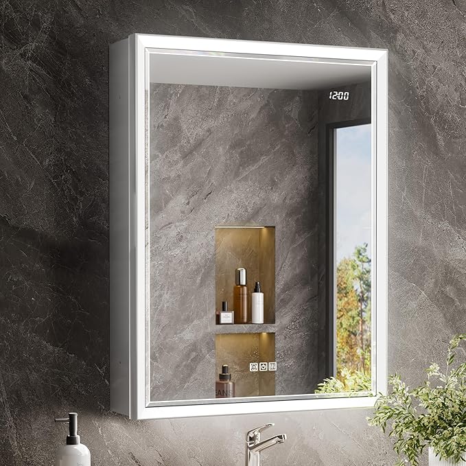 24x32 Lighted Medicine Cabinet with Beveled Mirror & Clock, Surface or Recessed Mirrored Medicine Cabinet with Dimmable Light Anti-fog, Built-in Sensing Light & Outlet, Soft-Close Right Hinge