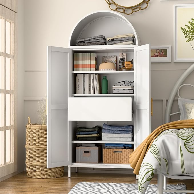 73'' Tall Metal Arched Cabinet, Modern Arch Bookcase Display Cabinet with Doors/Shelves/Internal Drawers for Home Office Kitchen Bar Living Room(White)