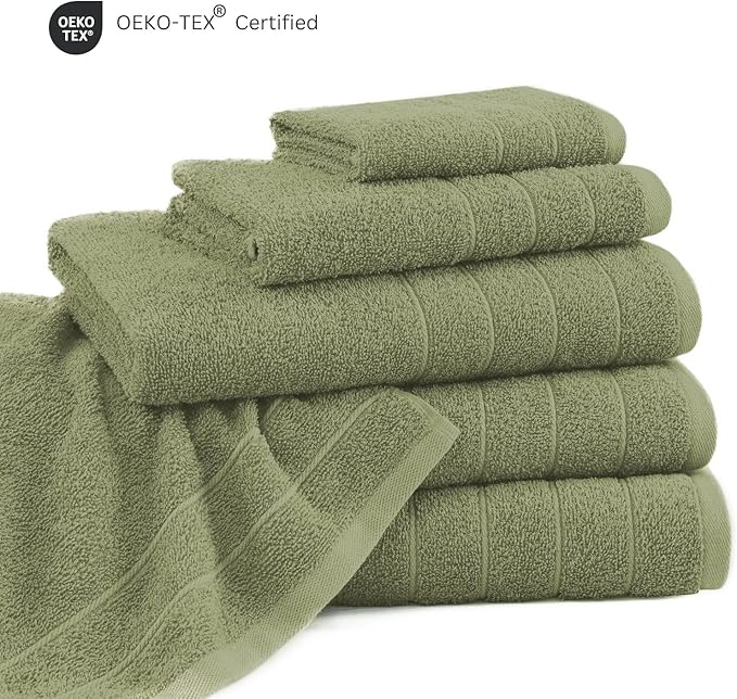 Casa Platino 100% Mercerized Cotton Bathroom Towel Set - 8 Pieces, Hotel Quality - Soft & Highly Absorbent - Ring Spun - 2 Large Bath Towels, 4 Washcloths, 2 Hand Towels - Family Pack - Oil Green