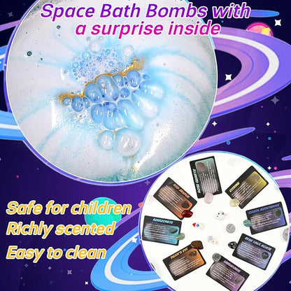 Galaxy Bath Bombs for Kids with Surprise Inside, 12pcs Planet Bath Bombs with Space Gemstones, Organic Essential Oil Bubble Bath for Kids Boys Girls Christmas Birthday Gift