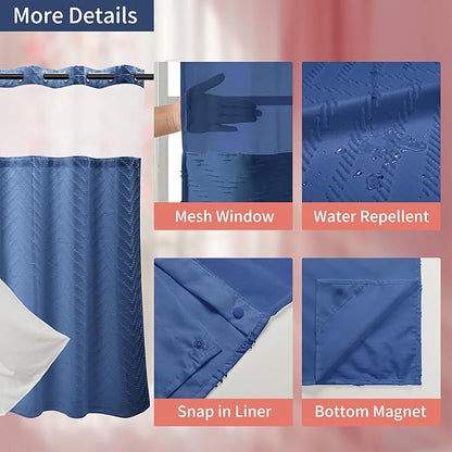 Hookless Shower Curtain with Snap in Liner 71" x 86" Double-Layer Waterproof Polyester Shower Curtain for Bathroom or Hotel Use,Removable Liner,Magnetic Hem,Large Rings,Machine Washable,Navy Blue