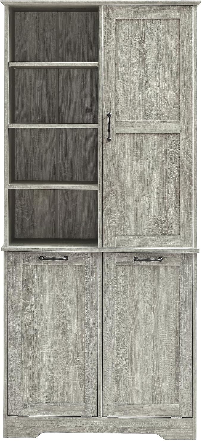 Favfurish 68" Tall Bathroom Storage Cabinet with Door and 2 Tilt-Out Laundry Hampers,Modern Linen Cabinets w/Open Shelf & Adjustable Shelves,Freestanding Organizer for Laundry Room,Kitchen,Oak
