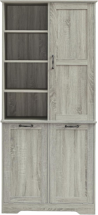 Favfurish 68" Tall Bathroom Storage Cabinet with Door and 2 Tilt-Out Laundry Hampers,Modern Linen Cabinets w/Open Shelf & Adjustable Shelves,Freestanding Organizer for Laundry Room,Kitchen,Oak