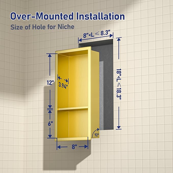 Stainless Steel Shower Niche 18"×8" Gold Double Shelf No Tiled Needed Niche Shower for Bathroom Wall Storage Recessed Bathroom Shelf