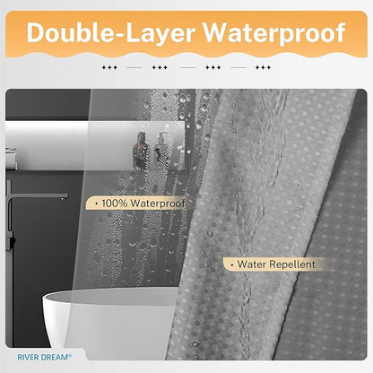River Dream 3 in 1 Shower Curtain Set, Stall Waffle Fabric Shower Curtain and Waterproof Clear Liner Set with Double Sided Metal Hooks, Grey, 36" W*72" H
