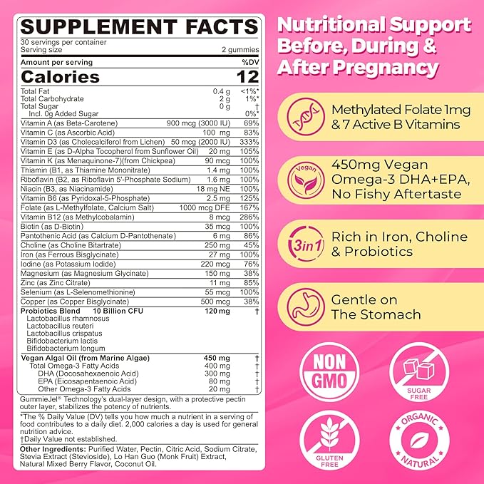 Prenatal Vitamins for Women Multivitamin Gummies w/ Methylfolate 1mg, Choline Omega-3(DHA+EPA) Iron, Postnatal Vitamins for Women Breastfeeding | Before,During & After Pregnancy,Sugar Free,Vegan,60Cts