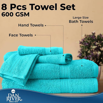DAN RIVER 8 PC Luxury Bath Towels for Bathroom, 2 Bath, 2 Hand, and 4 Wash Cloths, 600 GSM 100% Ring Spun Cotton Towel Set, Highly Absorbent, Gym, Hotel, and Spa, Aqua