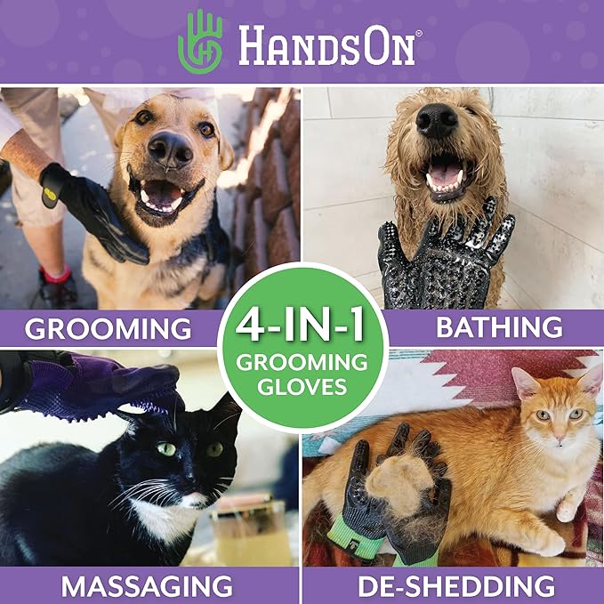 HandsOn Pet Grooming Gloves - #1 Ranked, Award-Winning Cat, Dog & Horse Hair Remover Gloves - Bathing, Shedding & Massaging Tool - Gentle Brush for Long & Short Fur (2 Pairs, Green, M & L)