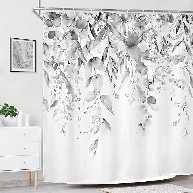 Riyidecor Grey Eucalyptus Leaves Shower Curtain for Bathroom Decor 72Wx72H Retro Plants Watercolor Floral Rustic Botanical Nature Gray Art Printed Fabric Polyester Waterproof 12 Pack Plastic