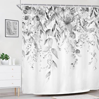 Riyidecor Grey Eucalyptus Leaves Shower Curtain for Bathroom Decor 72Wx72H Retro Plants Watercolor Floral Rustic Botanical Nature Gray Art Printed Fabric Polyester Waterproof 12 Pack Plastic