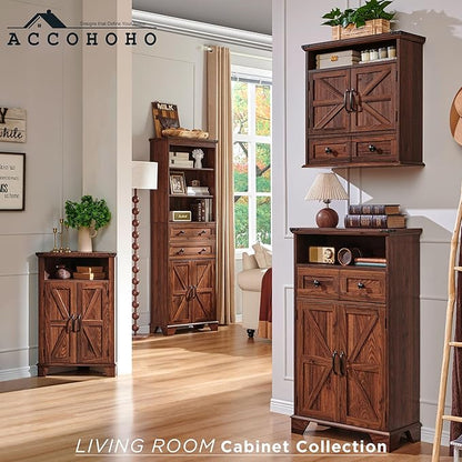 ACCOHOHO Bathroom Wall Cabinet, Farmhouse Medicine Cabinet, 24" Wide Cabinet with Drawer, Adjustable Shelf, Double Barn Doors, Storage Cabinet for Bathroom, Kitchen, Living Room, Brown