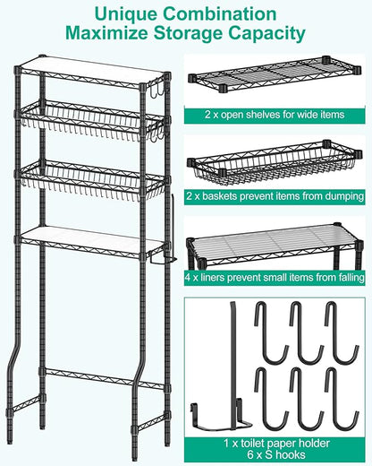 Bathroom Organizer Over The Toilet Storage, 4-Tier Metal Bathroom Over Toilet Storage Shelf Rack Freestanding Space Saver with Adjustable Shelves and Baskets, Black