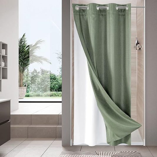 MitoVilla No Hooks Needed Small Stall Shower Curtain Liner Set 36 x 74, Sage Green Waffle Half Size Narrow Waffle Weave Fabric Shower Curtain Set with Snap-in Liner for Modern Spa-Like Bathroom Decor