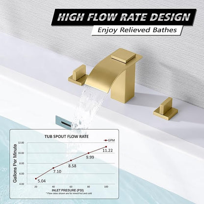 SUMERAIN Two Handle Roman Tub Faucet 3 Hole Waterfall Bathtub Faucet Brushed Gold with Valve