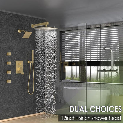 Enga Dual Shower Head System with Body Jets, 12"+ 6" Wall Mounted Dual Rain Shower Faucet with Valve Kit, Brushed Gold