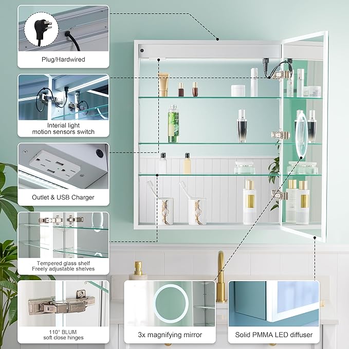 WELLFOR 24" X 30" Medicine Cabinet With Lights, 3X Magnification, Anti-Fog Mirrored Cabinet, Bathroom Vanity With Outlets & USB Ports, Right Opening Door