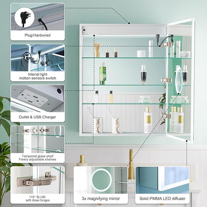 WELLFOR 24" X 30" Medicine Cabinet With Lights, 3X Magnification, Anti-Fog Mirrored Cabinet, Bathroom Vanity With Outlets & USB Ports, Right Opening Door
