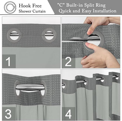 Gibelle No Hook Waffle Weave Shower Curtain with Snap-in Fabric Liner Set for Bathroom, Hotel Style with Mesh Top Window, Waterproof & Washable, Grey, 72x74