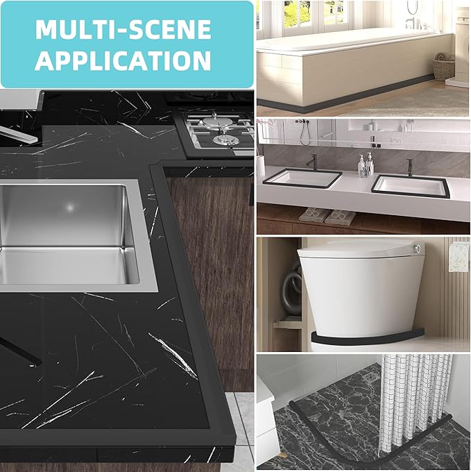 Shower Threshold Water Dam,Walk in Shower Water Guard, Shower Dam Water Barrier Bathroom Sink Splash for Dry And Wet Separation Caulk Seal Strip Edge Trim (98Inch, Black)