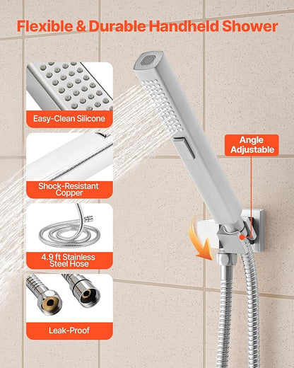 VEVOR Shower Faucet Set, 10 Inch Ceiling Mount Rainfall Shower System with 6 Body Jets and 2 in 1 Handheld Spray, Rotatable 3-Function Rain Head System Set, Complete Brass Valve and Trim Kit, Chrome