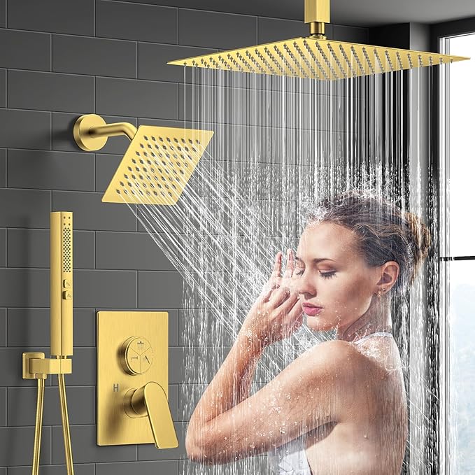 Shower Faucet Set, 3-Setting Push Button Brushed Gold Shower System, 12 Inch Ceiling Mounted Shower Head, 6 Inch Wall Mounted Rain Shower Head with 2 in 1 Handheld Spray, Shower Valve Trim Kit