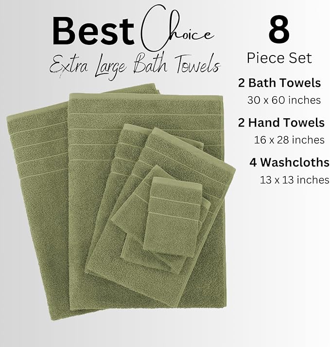 Casa Platino 100% Cotton 8 Piece Bath Towel Set - Ring Spun, Quick Dry, Super Soft & Highly Absorbent - 2 Bath, 4 Washcloths, 2 Bathroom Hand Towels - Hotel Quality Bathroom Towel Set - Oil Green