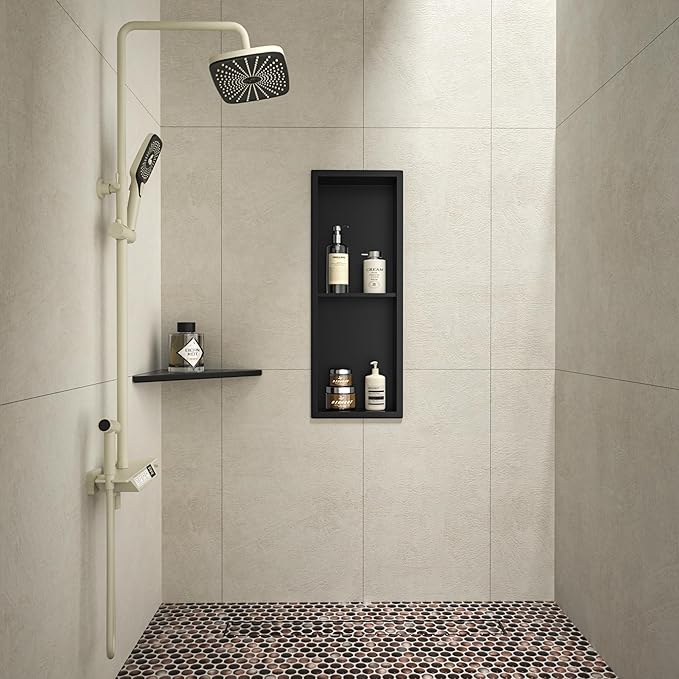 Stainless Steel Shower Niche Matte Black 8"×24" with 2-Tiers Shelf No Tiled Needed Niche Shower for Bathroom Wall Storage Recessed Metal Shower Shelf Over-Mounted Installation