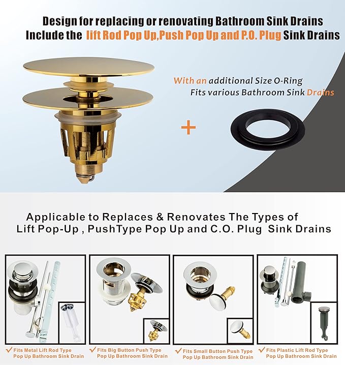 Artiwell Universal Bathroom Sink Drain Stopper, Fits Most Pop-Up Drains for Vessel Sink Lavatory Vanity, Sink Drain Strainer with Detachable Hair Catcher, Tested by Plumber in US (Polished Brass)