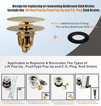 Artiwell Universal Bathroom Sink Drain Stopper, Fits Most Pop-Up Drains for Vessel Sink Lavatory Vanity, Sink Drain Strainer with Detachable Hair Catcher, Tested by Plumber in US (Polished Brass)