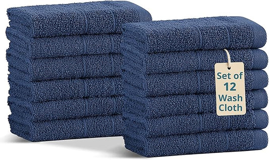Casa Platino Washcloths Pack of 12 - Spa & Salon Quality - 100% Ring Spun Cotton Face Cloths - Soft & Ultra Absorbent Wash Cloth Set for Body, Beauty, Home, Gym - Fingertip Towels - 13"x13", Navy Blue