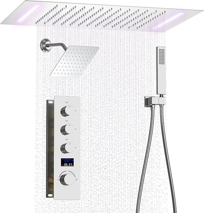 Shower System Chrome Shower Faucet Set with 14X20 inch Ceiling Mount Shower Head and 8 inch Wall Mount Shower Head, Handheld Shower, with Temperature Display Function
