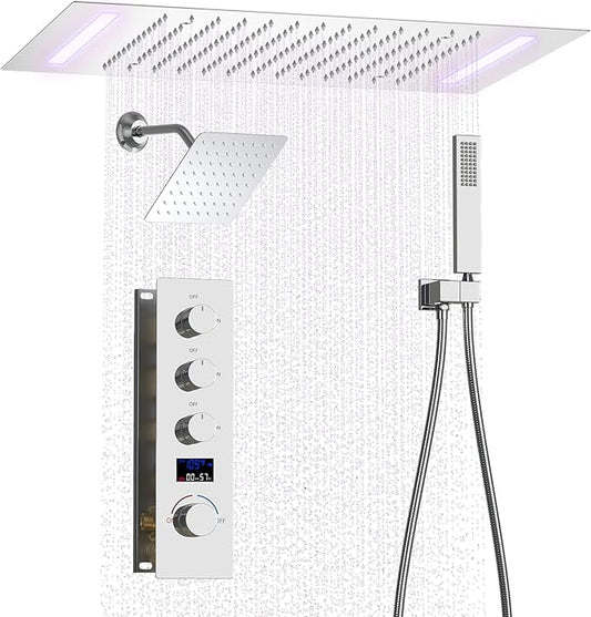 Shower System Chrome Shower Faucet Set with 14X20 inch Ceiling Mount Shower Head and 8 inch Wall Mount Shower Head, Handheld Shower, with Temperature Display Function