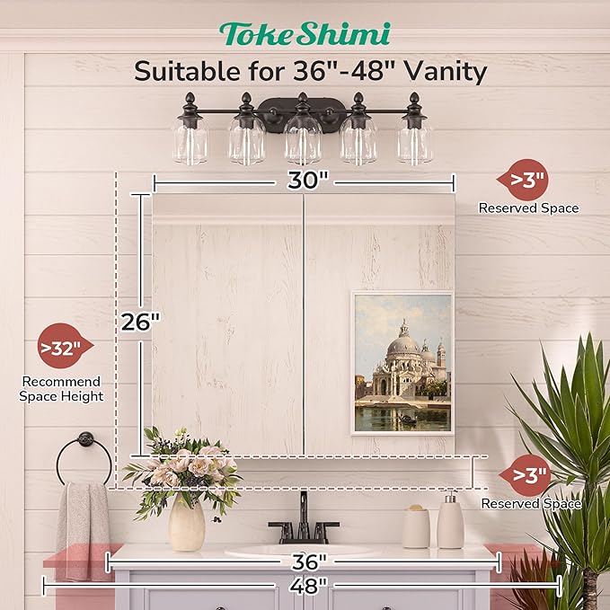 TokeShimi 30x26 Medicine Cabinet Mirror with Storage Tempered Aluminum Recessed or Wall Mounted Cabinet White with Stepless Adjustable Metal Shelves for Bathroom Vanity Modern Farmhouse