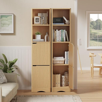 67" Tall Bathroom Organizer and Storage, Narrow Storage Cabinet with 2 Doors and 4 Shelves, Freestanding Floor Storage Unit,15.7" W x 11.8" D x 66.9" H, Nature