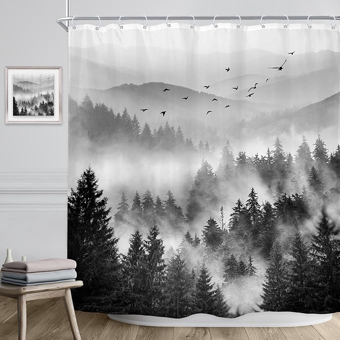 Riyidecor Black and White Shower Curtain 72Wx72H Inch Mountain Scenery Nature Pine Tree Cool for Mens Scene View Landscape Bathroom Decor Fabric Polyester Waterproof 12 Pack Hooks