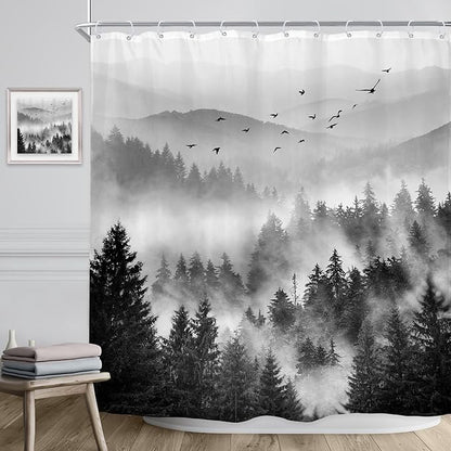 Riyidecor Black and White Shower Curtain 72Wx72H Inch Mountain Scenery Nature Pine Tree Cool for Mens Scene View Landscape Bathroom Decor Fabric Polyester Waterproof 12 Pack Hooks
