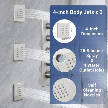 Thermostatic Dual Shower Heads System with 4-Inch Body Jets, Ceiling 16" Rainfall & Wall Mount 6" Shower Head, Luxury Brushed Nickel Shower Faucet Set with Handheld Sprayer for 2-Person/Tandem Shower