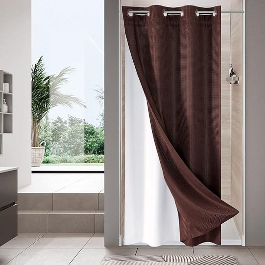 MitoVilla Brown Waffle Small Stall Shower Curtain Liner Set 36 x 74, No Hooks Required Half Size Narrow Fabric Shower Curtain Set with Snap-in Liner for Modern Farmhouse Bathroom Decor, Dark Brown