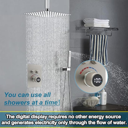Digital Display Shower System Set 16 Inches Rain Fall Head Temperature Valve Shower Handheld Shower Head Sets for Bathroom Concealed Installation