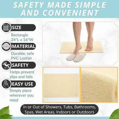 ENKOSI Loofah Non-Slip Shower and Bath Mat - Soft Cushioned Comfort - No Suction Cups for Smooth or Textured Tubs - Fast Draining - Safety for Bathroom, Family, and Elderly (24x16 Light Beige)