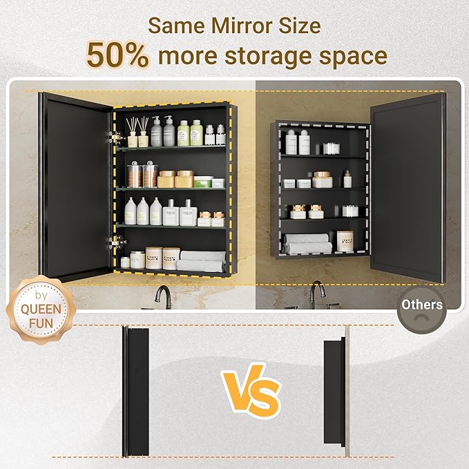 24x30 Pre-Assembled Black Medicine Cabinet with Mirror, Surface or Recessed Medicine Cabinet Mirror for Bathroom, Aluminum Beveled Frame Bathroom Vanity Mirror with Adjustable Shelves Storage