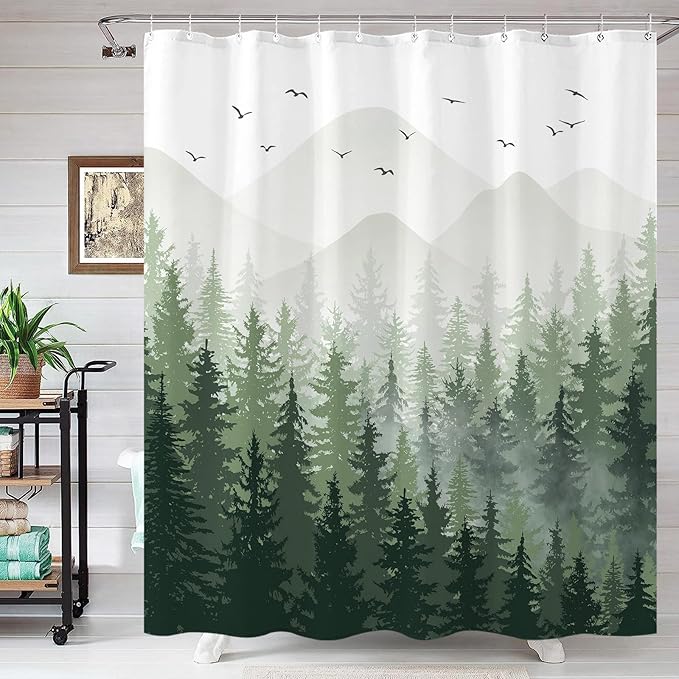 Aipon Green Misty Forest Shower Curtain Ombre Nature Tree Plants Shower Curtains Fabric Waterproof Mountain Shower Curtain Sets for Bathroom Bath Decor with 12 Hooks (Green, 72'' × 84'')