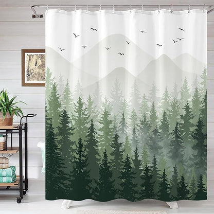 Aipon Green Misty Forest Shower Curtain Ombre Nature Tree Plants Shower Curtains Fabric Waterproof Mountain Shower Curtain Sets for Bathroom Bath Decor with 12 Hooks (Green, 72'' × 78'')