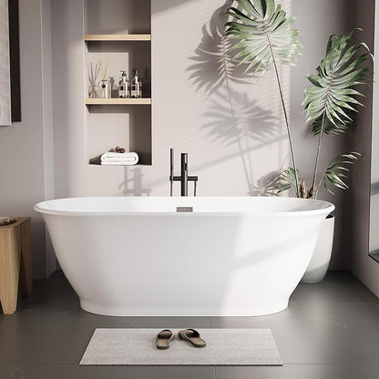 Freestanding Bath Tub 59 Inch Acrylic Oval Soaking Tub – Extra Large Freestanding Bathtub for Modern Bathroom Remodel, Stand Alone Soaking Tub for 1–2 People, Integrated Overflow, Glossy White Finish